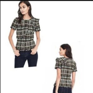 BANANA REPUBLIC CLARENSON wool blend tweed top ruffles black white lined size 2
